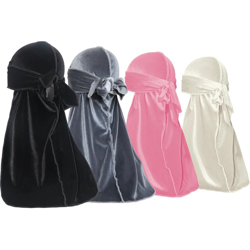 ForceWave Velvet Durags for Men Premium Du Rags Pack of 4 for Men Women with Long Tail and Wide Strap