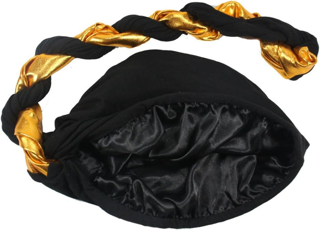 Turban for Men Halo Head Wraps Elastic Silky Satin Lined Turban Durag with Gold Twisted
