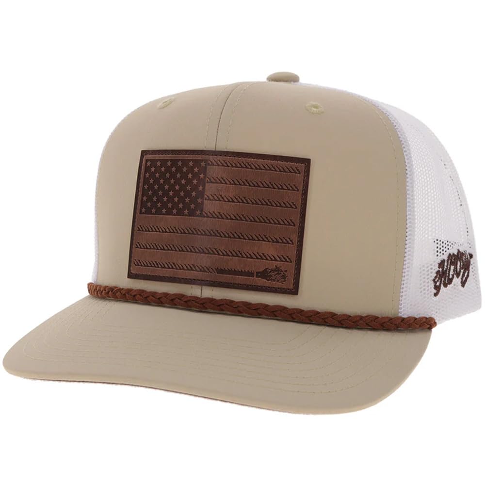 HOOEY Liberty Roper Hat - Adjustable Snapback Mesh Trucker Cap with Leather USA Flag Patch and Western Rope Trim
