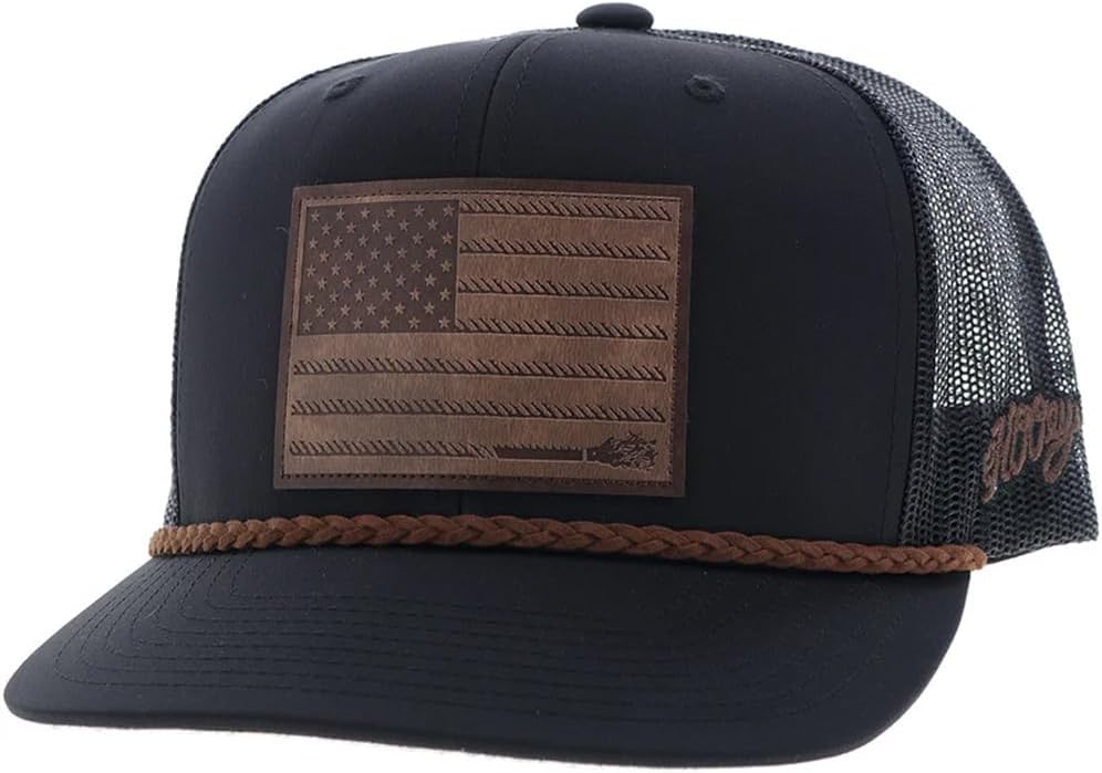 HOOEY Liberty Roper Hat - Adjustable Snapback Mesh Trucker Cap with Leather USA Flag Patch and Western Rope Trim