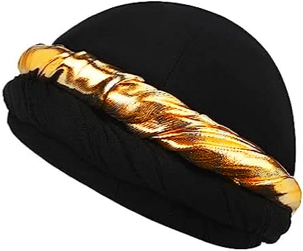 Turban for Men Halo Head Wraps Elastic Silky Satin Lined Turban Durag with Gold Twisted