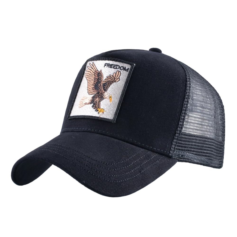 Animal Patch Mesh Trucker Baseball Cap Collection, Embroidered Design, Black