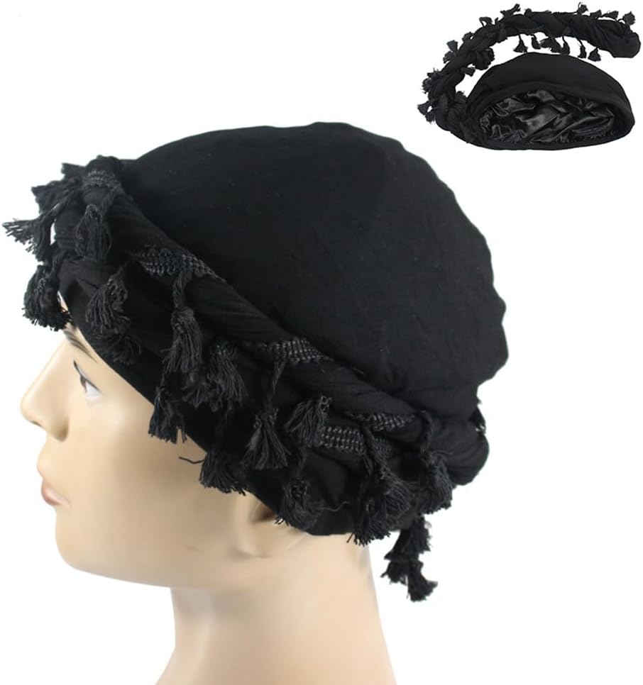 2pcs Turban for Men Women Satin Lined Durag Head Wrap Vintage Modal Twist Halo Turban with Tassel