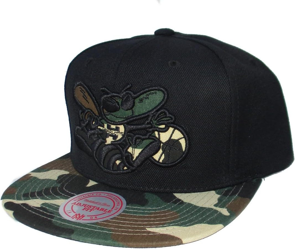 Mitchell & Ness Charlotte Hornets Camo Bill Snapback Adjustable Hat Cap - Black and Camo