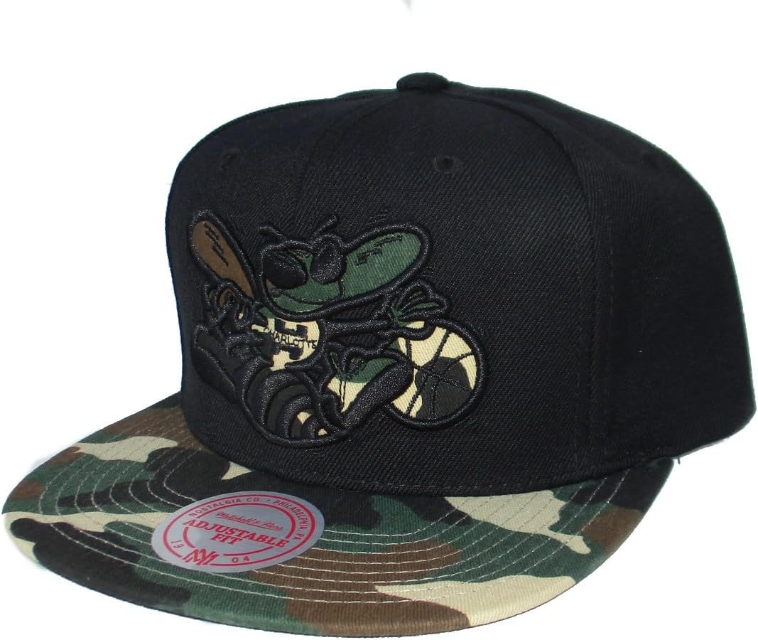 Mitchell & Ness Charlotte Hornets Camo Bill Snapback Adjustable Hat Cap - Black and Camo