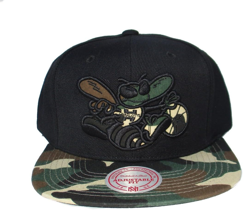 Mitchell & Ness Charlotte Hornets Camo Bill Snapback Adjustable Hat Cap - Black and Camo
