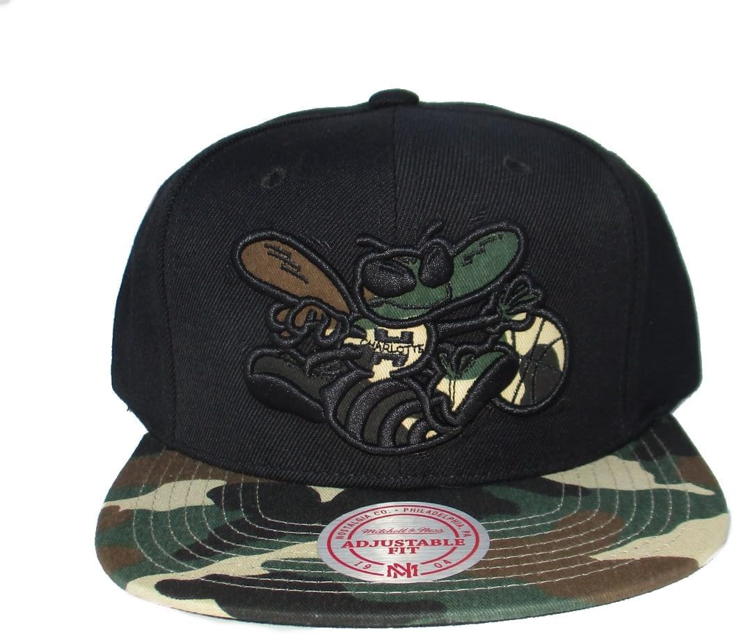 Mitchell & Ness Charlotte Hornets Camo Bill Snapback Adjustable Hat Cap - Black and Camo