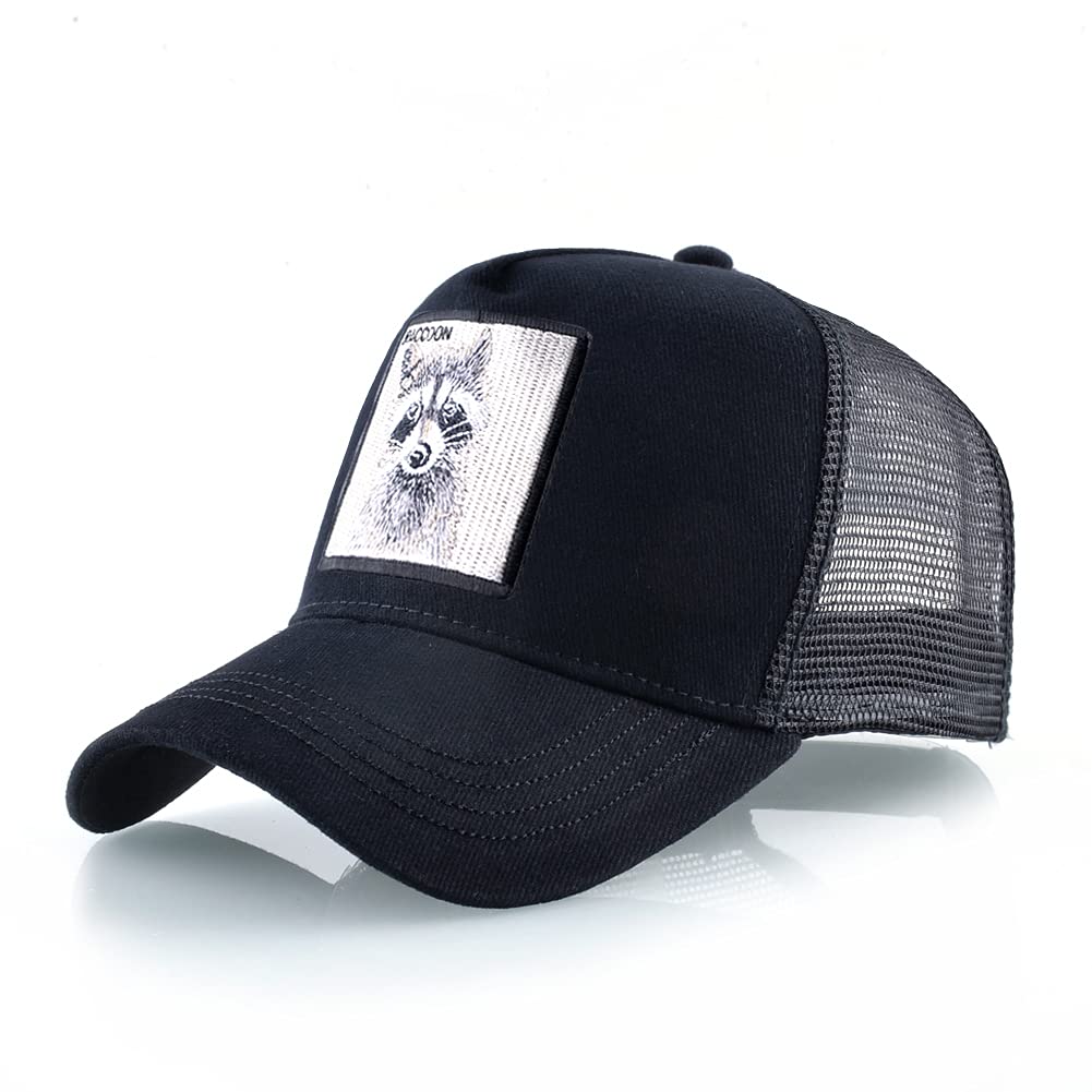 Animal Patch Mesh Trucker Baseball Cap Collection, Embroidered Design, Black