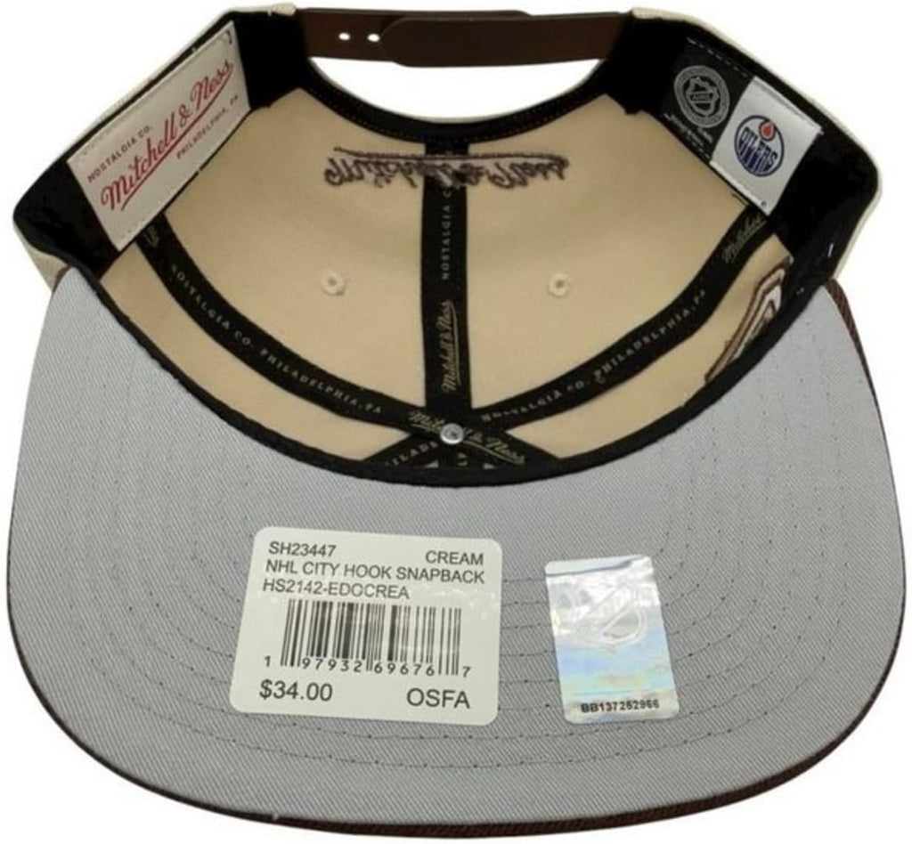 Mitchell & Ness Edmonton Oilers City Hook Snapback Adjustable Hat Cap - Cream/Brown