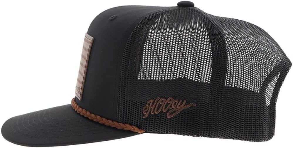 HOOEY Liberty Roper Hat - Adjustable Snapback Mesh Trucker Cap with Leather USA Flag Patch and Western Rope Trim