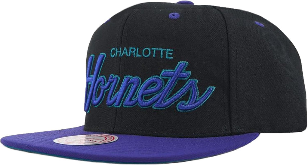 Mitchell & Ness Charlotte Hornets Script Pop Snapback Adjustable Hat Cap - Black with Purple Bill