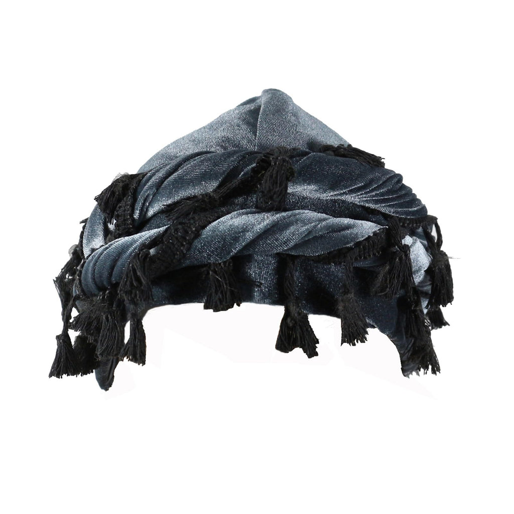 Tassel Velvet Turban for Men Women, Durag Hat Halo Cap Beanie Satin Lined Wraps Sleep Cap with Burr Trim Twisted Tail Fringe