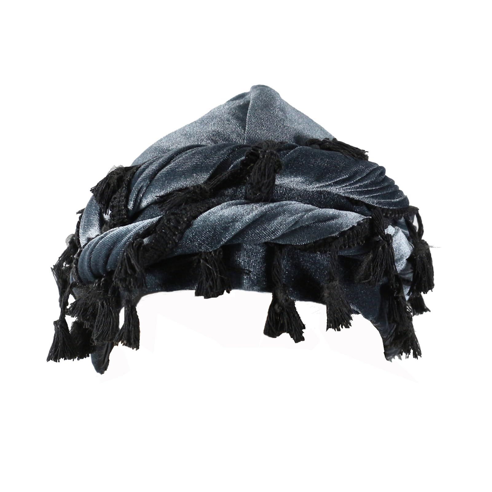 Tassel Velvet Turban for Men Women, Durag Hat Halo Cap Beanie Satin Lined Wraps Sleep Cap with Burr Trim Twisted Tail Fringe