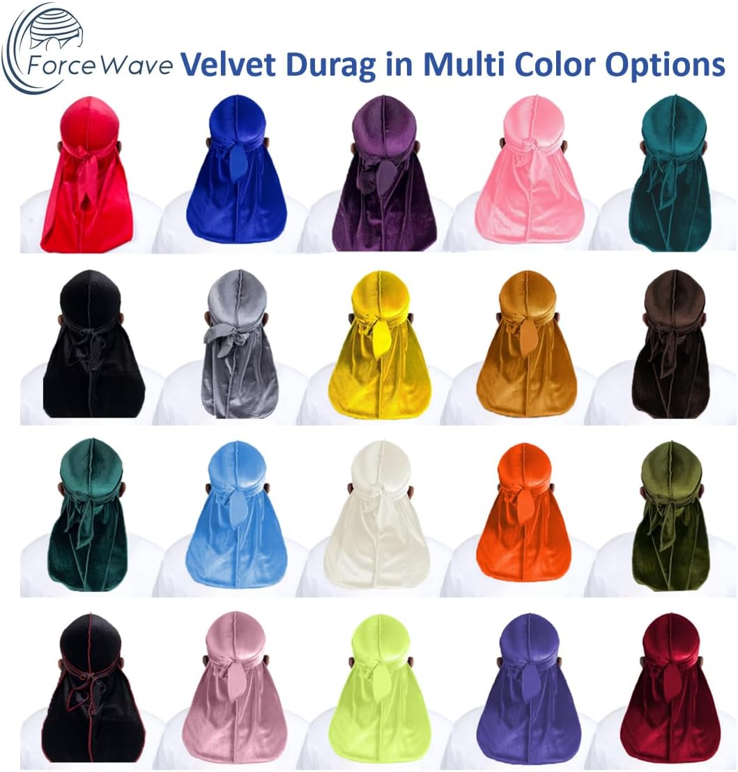 ForceWave Velvet Durags for Men Premium Du Rags Pack of 4 for Men Women with Long Tail and Wide Strap