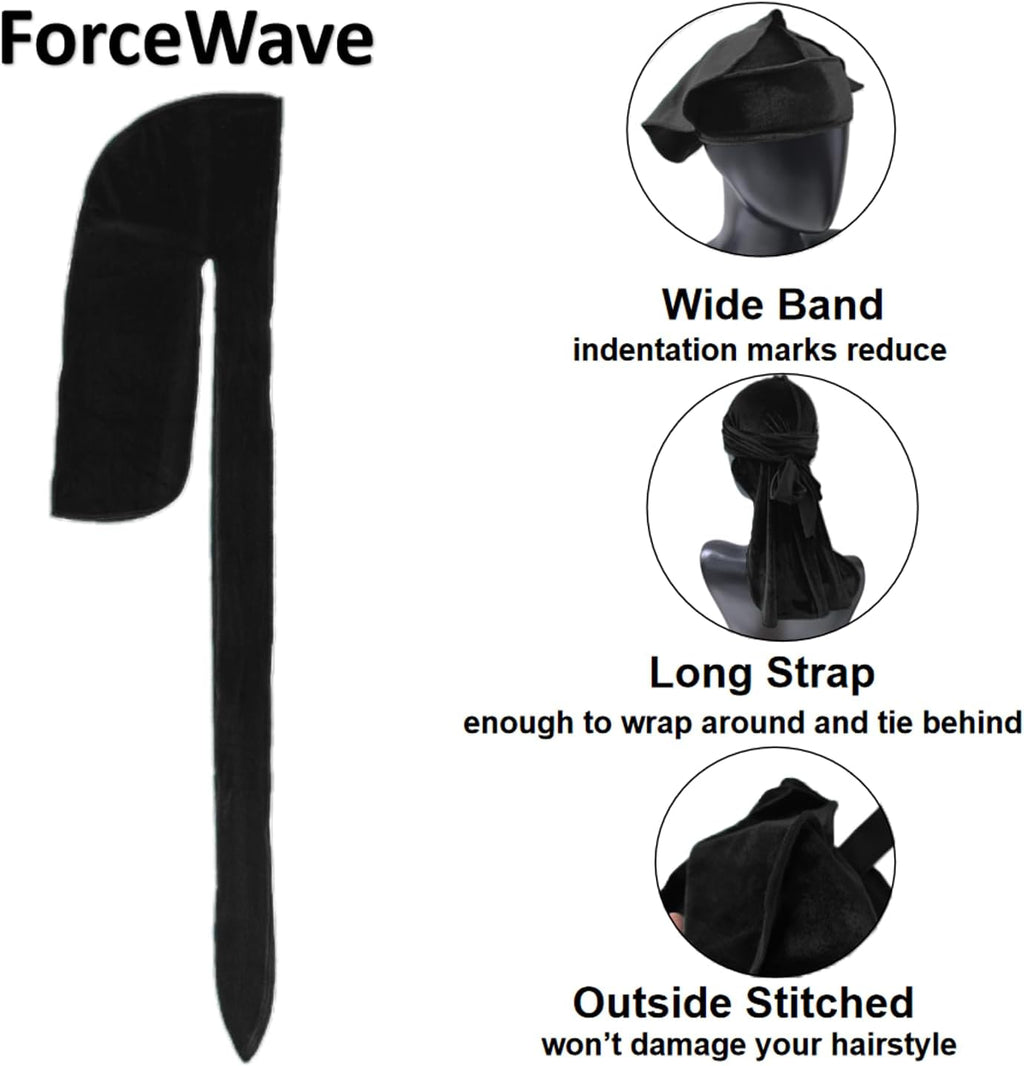 ForceWave Velvet Durags for Men Premium Du Rags Pack of 4 for Men Women with Long Tail and Wide Strap