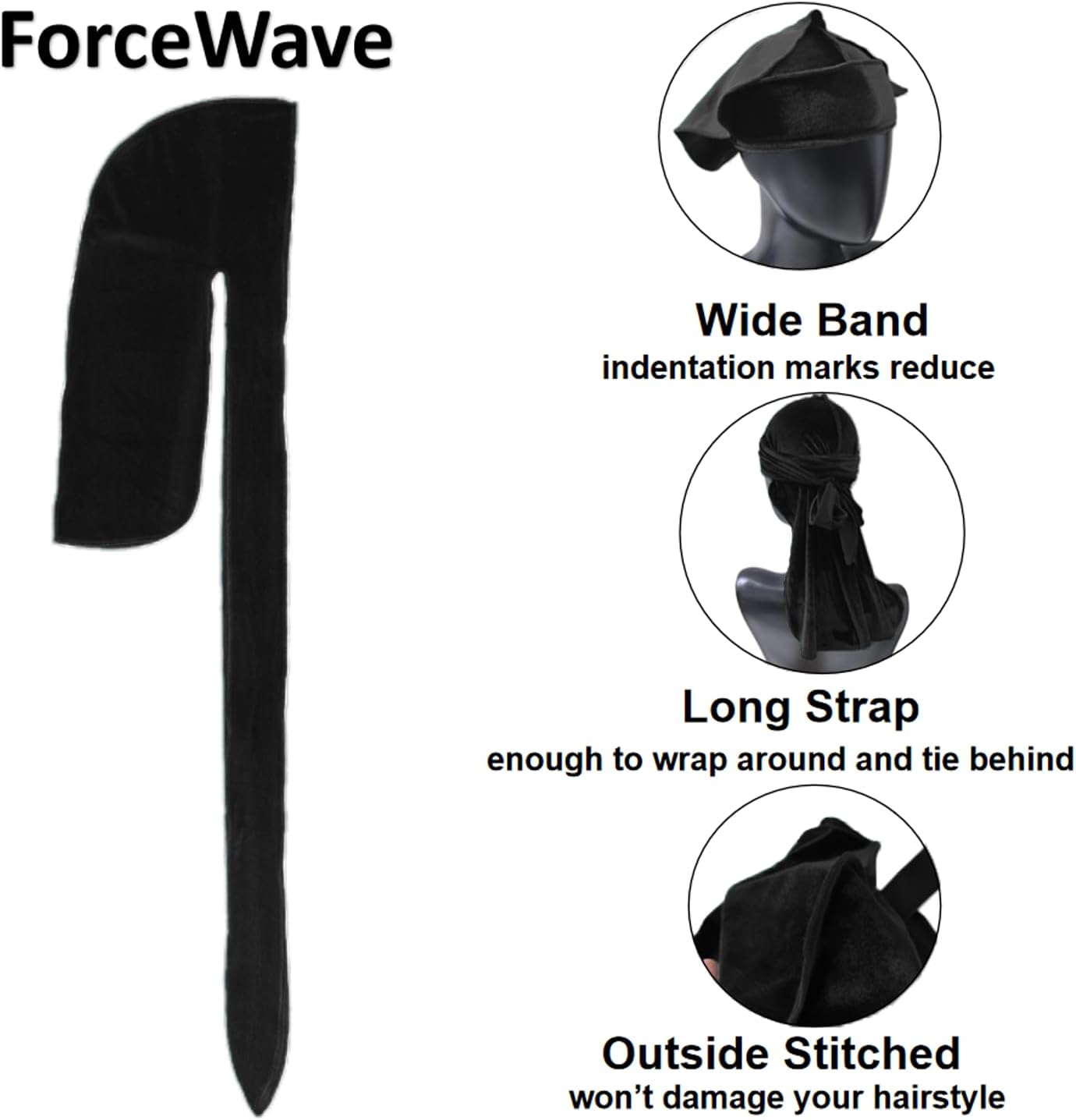 ForceWave Velvet Durags for Men Premium Du Rags Pack of 4 for Men Women with Long Tail and Wide Strap