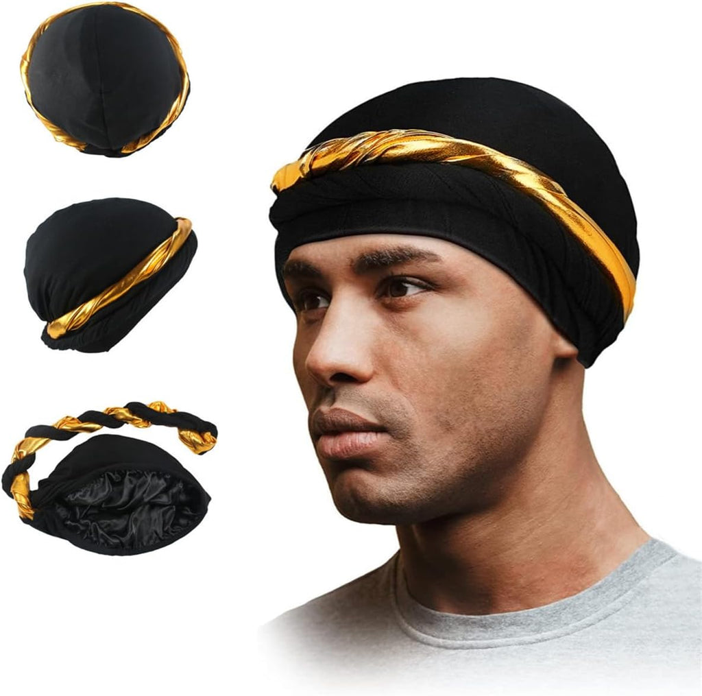 Turban for Men Halo Head Wraps Elastic Silky Satin Lined Turban Durag with Gold Twisted