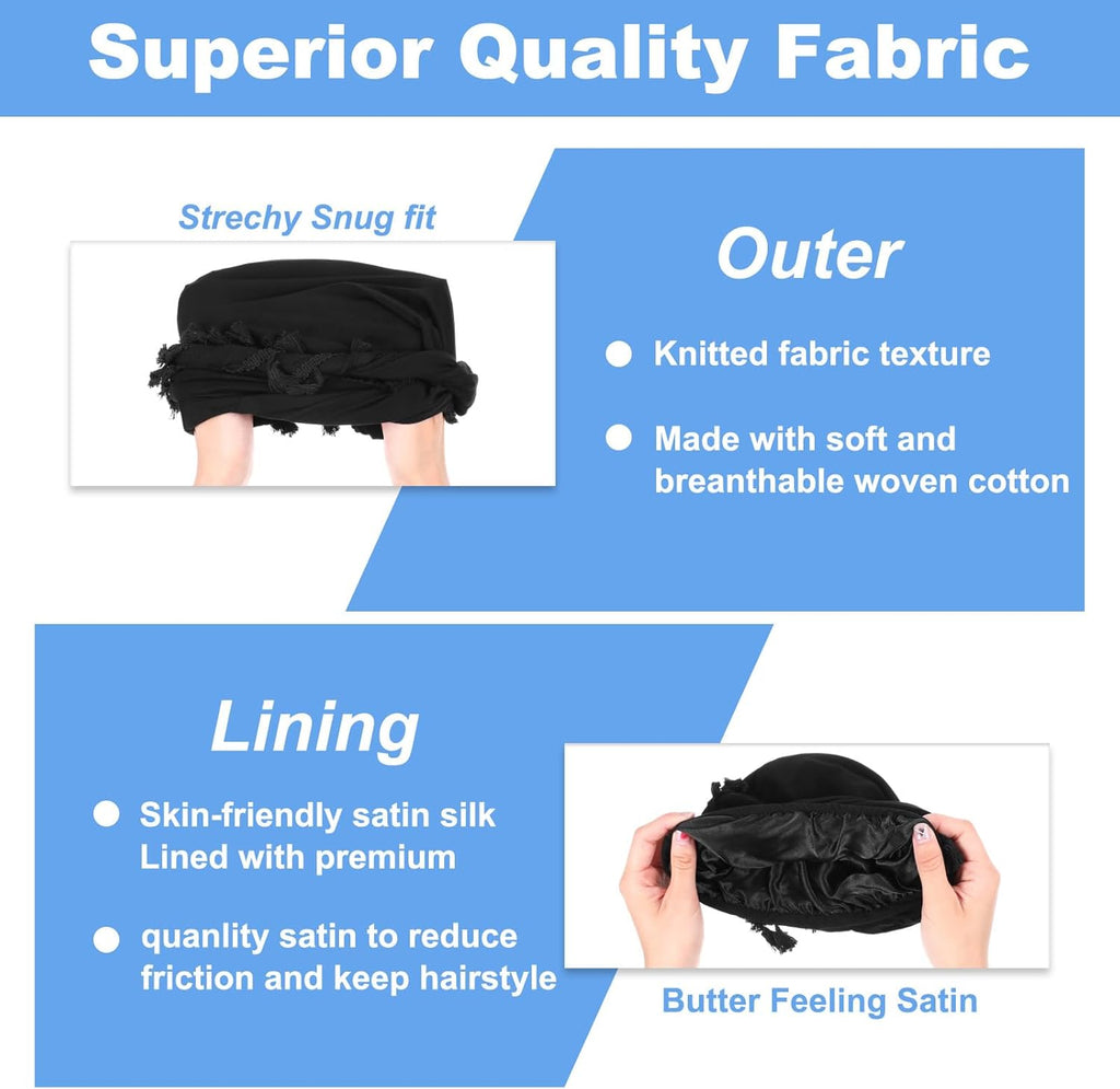 Turban for Men Satin Lined Durag Head Wrap Pre-Tied Tassels Braid Beanie Vintage Twist Bonnet with Tassel Satin Lined Halo Turban Sleep Cap Black