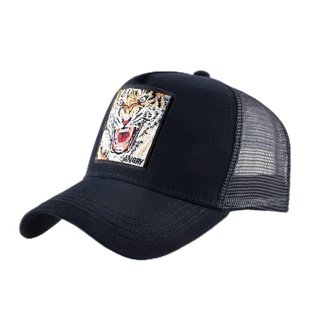Animal Patch Mesh Trucker Baseball Cap Collection, Embroidered Design, Black
