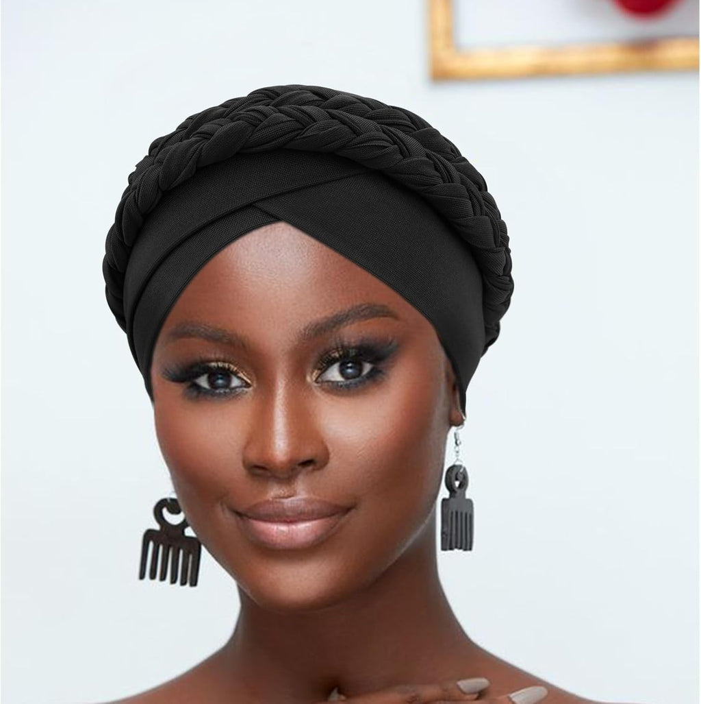DRESHOW African Women Turban Caps Beanie Twist Headscarf Pre-Tied Double Twisted Braid Hair Cover Wrap Hat Chemo Cancer Cap