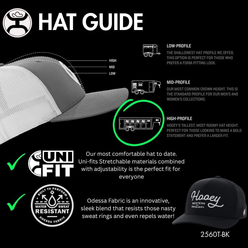 HOOEY OG Adjustable Snapback Hat - Trucker Hat for Men & Women with Mesh Back, 5 Panel Baseball Cap w/Rope Detail, Western OG Logo Ball Cap, Breathable Snap Back, One Size Fits All, Black/White