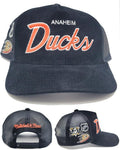 Mitchell & Ness Anaheim Ducks New NHL Retro Script Times Up Trucker Mesh Black Orange Era Snapback Hat Cap