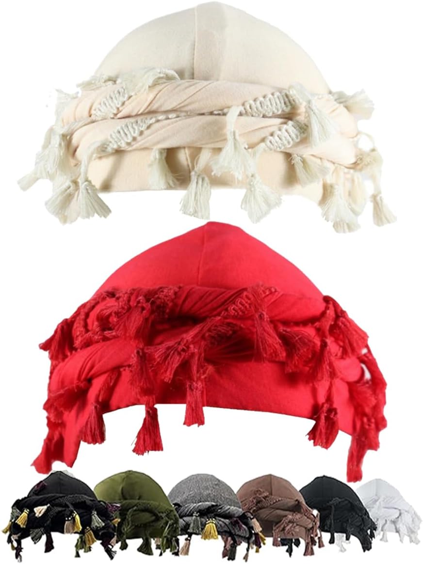 2Pcs Turban for Men, Adjustable Halo Durag Twist Head Wraps Silk Satin Lined Cap for Women Turban Hat Elastic Pre Tie Durag (US, Alpha, One Size, Beige, Red)