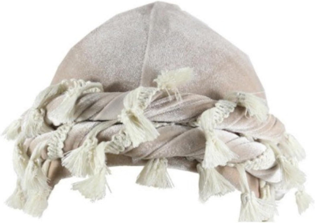 Tassel Velvet Turban for Men Women, Durag Hat Halo Cap Beanie Satin Lined Wraps Sleep Cap with Burr Trim Twisted Tail Fringe