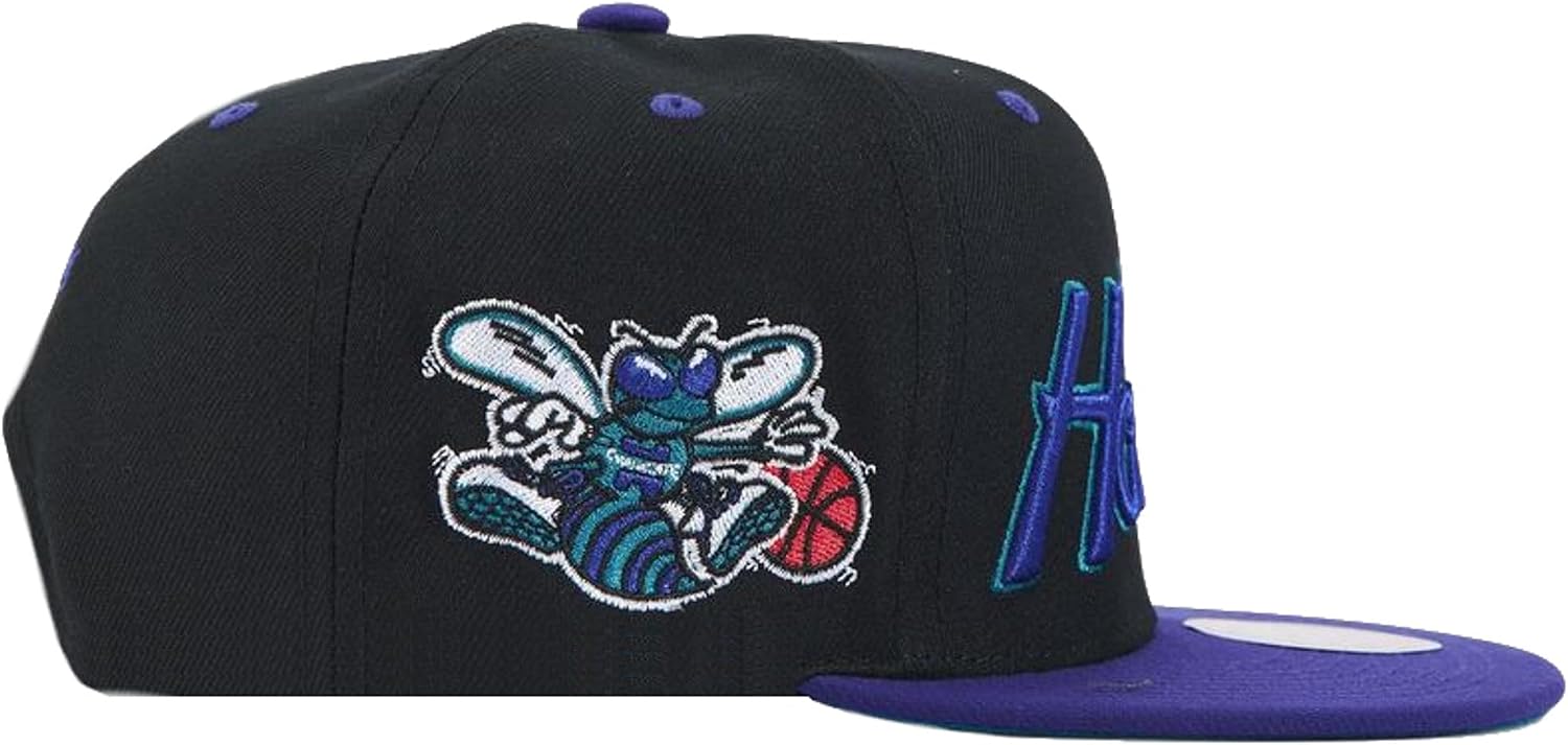 Mitchell & Ness Charlotte Hornets Script Pop Snapback Adjustable Hat Cap - Black with Purple Bill