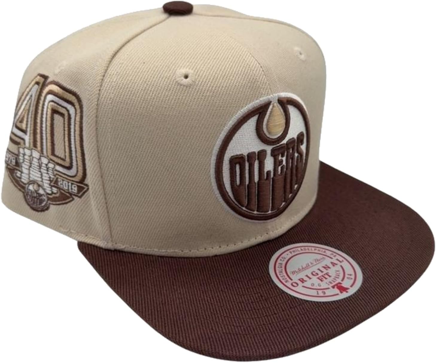 Mitchell & Ness Edmonton Oilers City Hook Snapback Adjustable Hat Cap - Cream/Brown