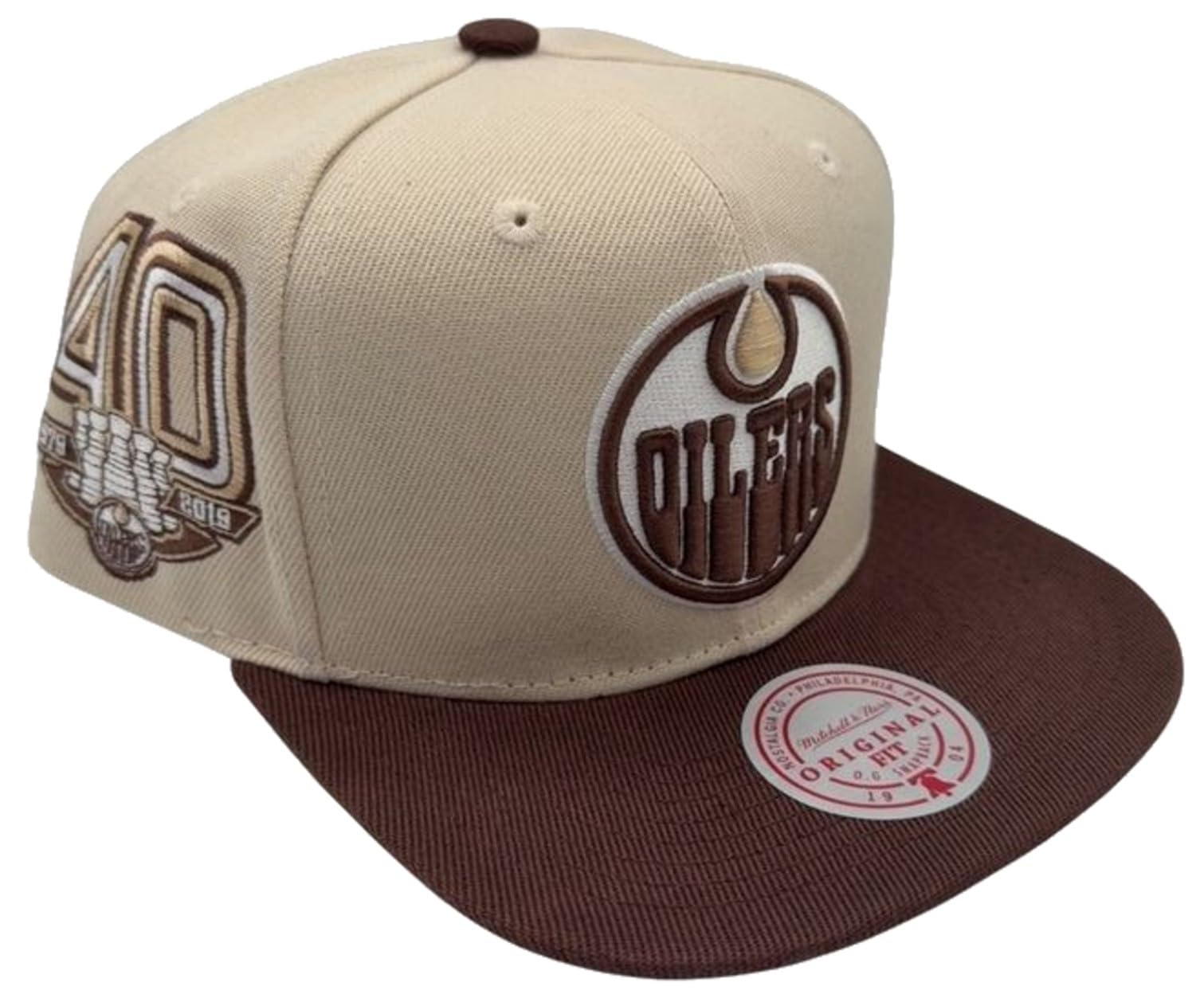 Mitchell & Ness Edmonton Oilers City Hook Snapback Adjustable Hat Cap - Cream/Brown