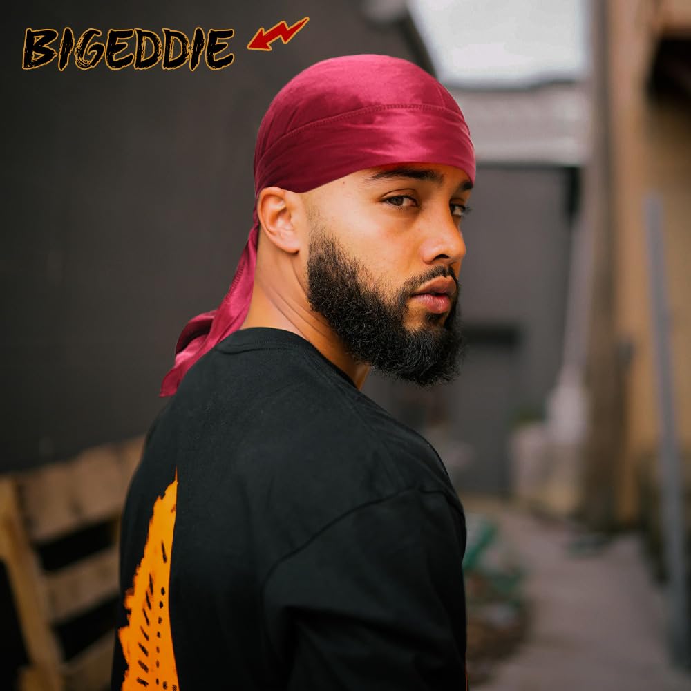 BIGEDDIE 12Pcs Durag Pack, Durags for Men Silky, Silk Durag for Men Women Waves, Satin Du rag with Long Tail and Wide Straps 12 Colors