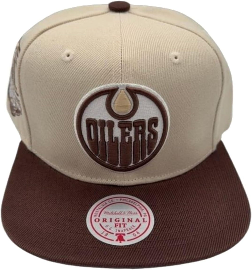 Mitchell & Ness Edmonton Oilers City Hook Snapback Adjustable Hat Cap - Cream/Brown