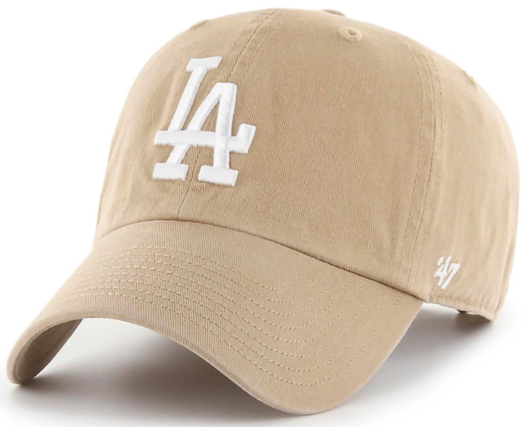 47 Brand MLB Khaki White Primary Logo Clean Up Adjustable Strap Baseball Dad Hat Cap, Adult One Size Fits All - Los Angeles Dodgers - Khaki White