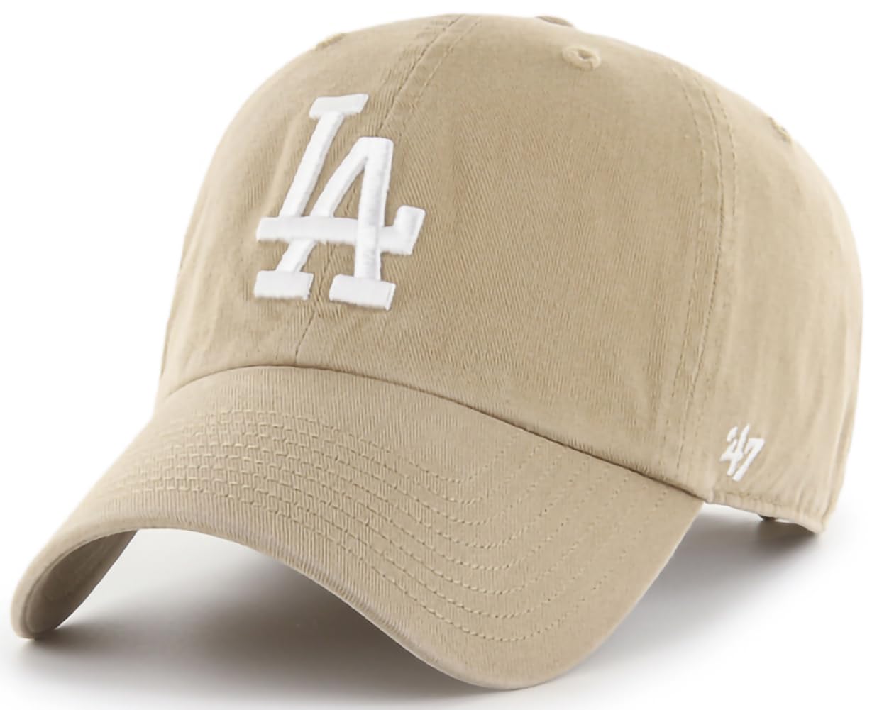 47 Brand MLB Khaki White Primary Logo Clean Up Adjustable Strap Baseball Dad Hat Cap, Adult One Size Fits All - Los Angeles Dodgers - Khaki White
