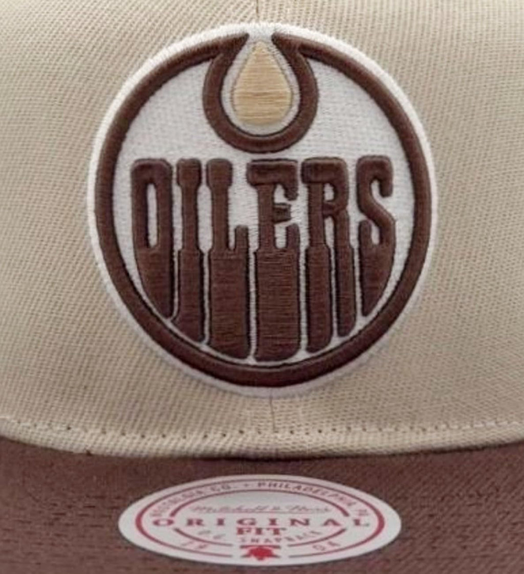 Mitchell & Ness Edmonton Oilers City Hook Snapback Adjustable Hat Cap - Cream/Brown