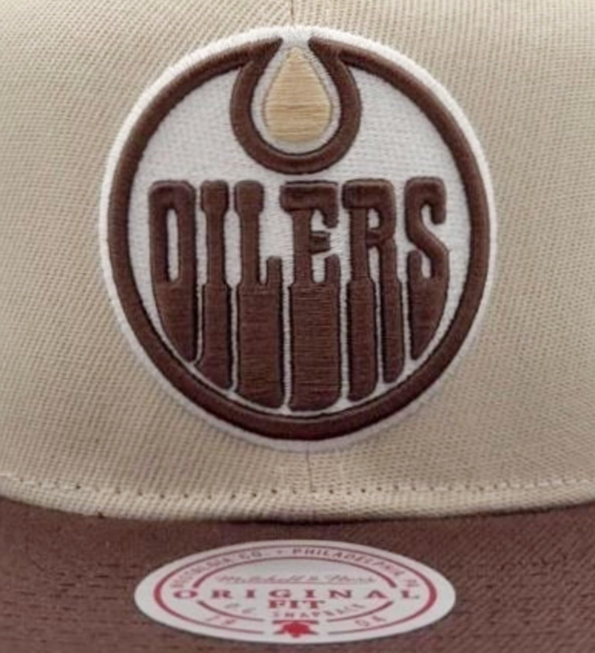 Mitchell & Ness Edmonton Oilers City Hook Snapback Adjustable Hat Cap - Cream/Brown