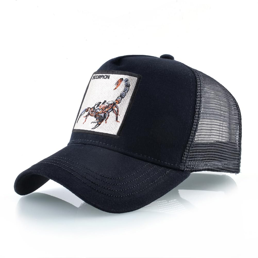 Animal Patch Mesh Trucker Baseball Cap Collection, Embroidered Design, Black
