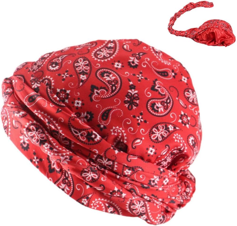 2Pc Turban Hat for Men Silk Satin Lined Halo Turban Head Wrap Skull Cap for Men and Women
