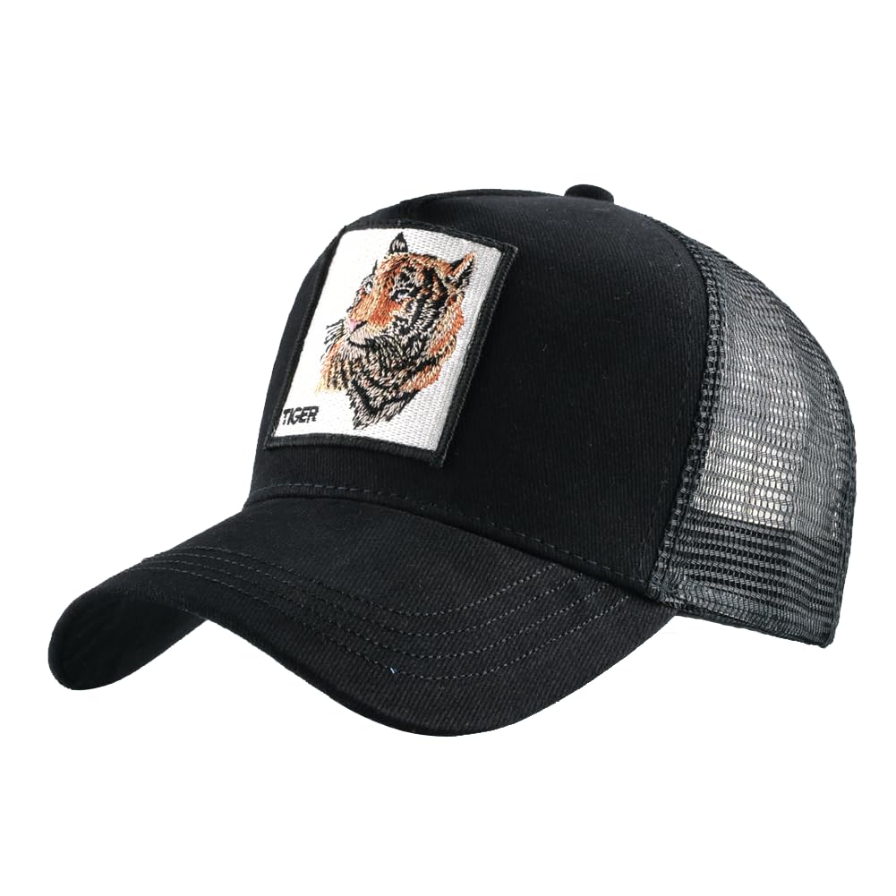 Animal Patch Mesh Trucker Baseball Cap Collection, Embroidered Design, Black