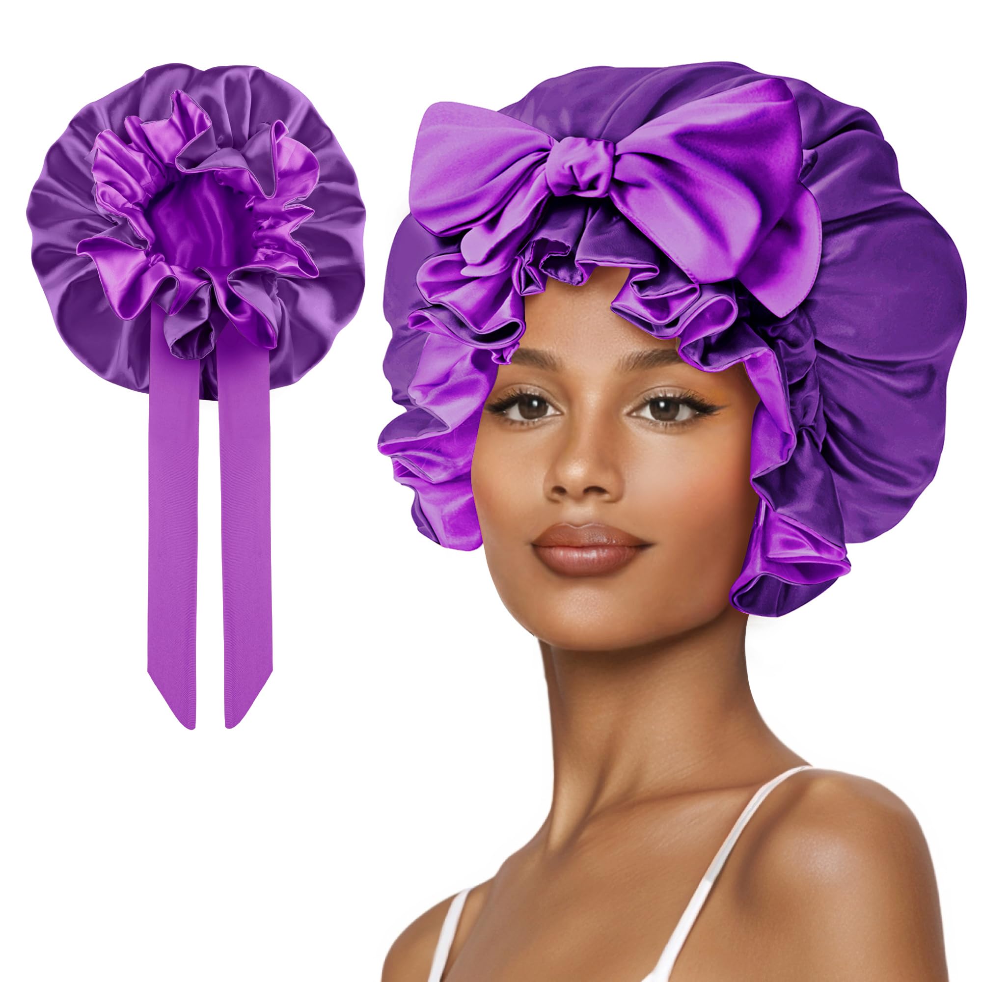 Cute Adjustable Silk Bonnet for Sleeping Double Layer Satin Cap Hair Sleep Bonnet for Curly Hair Cherry Blue