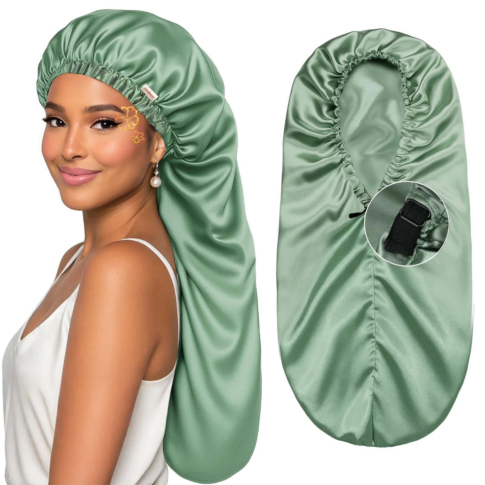YANIBEST Satin Sleep Bonnet for Natural Hair - Extra Double Layer Long Adjustable Silk Hair Bonnet for Braids, Locs, Curls - Women’s Night Hair Protection Cap