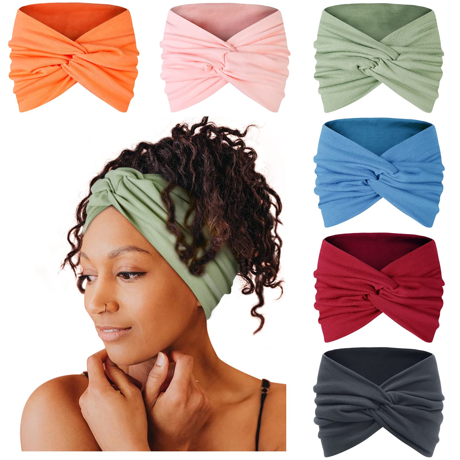 Tobeffect 7'' Extra Wide Headbands for Women, Large Thick Turban Head Wrap Headband, Boho Bandana Head Bands for Women's Hair, Non Slip Workout Yoga Hairband Hair Accessories, 6 Pack