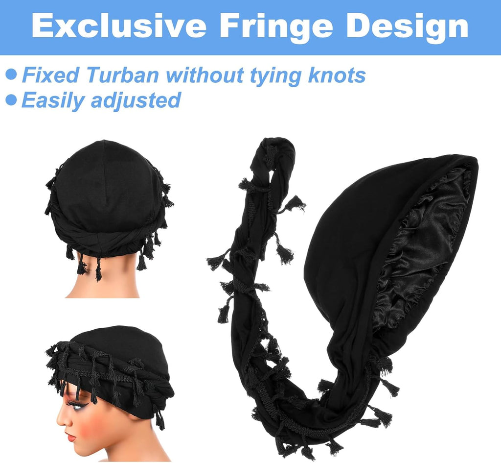 Turban for Men Satin Lined Durag Head Wrap Pre-Tied Tassels Braid Beanie Vintage Twist Bonnet with Tassel Satin Lined Halo Turban Sleep Cap Black