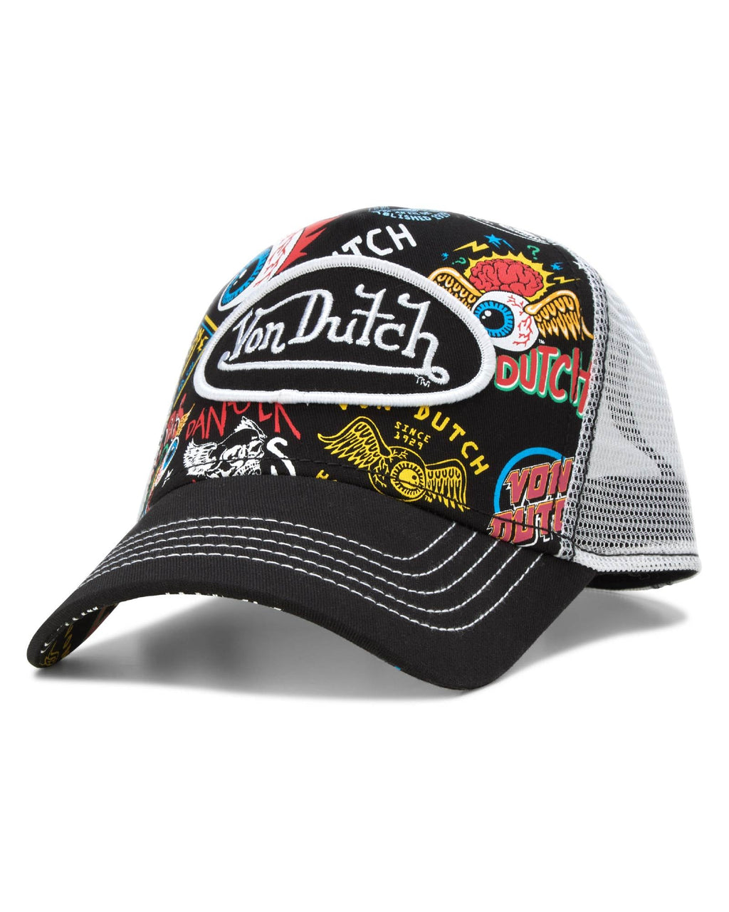 Von Dutch Monogram Trucker Cap - Retro Snapback Cap for Men and Women - Adjustable Snap Fit Panel, Mesh Rear, Curved Bill, Size One Size, Black