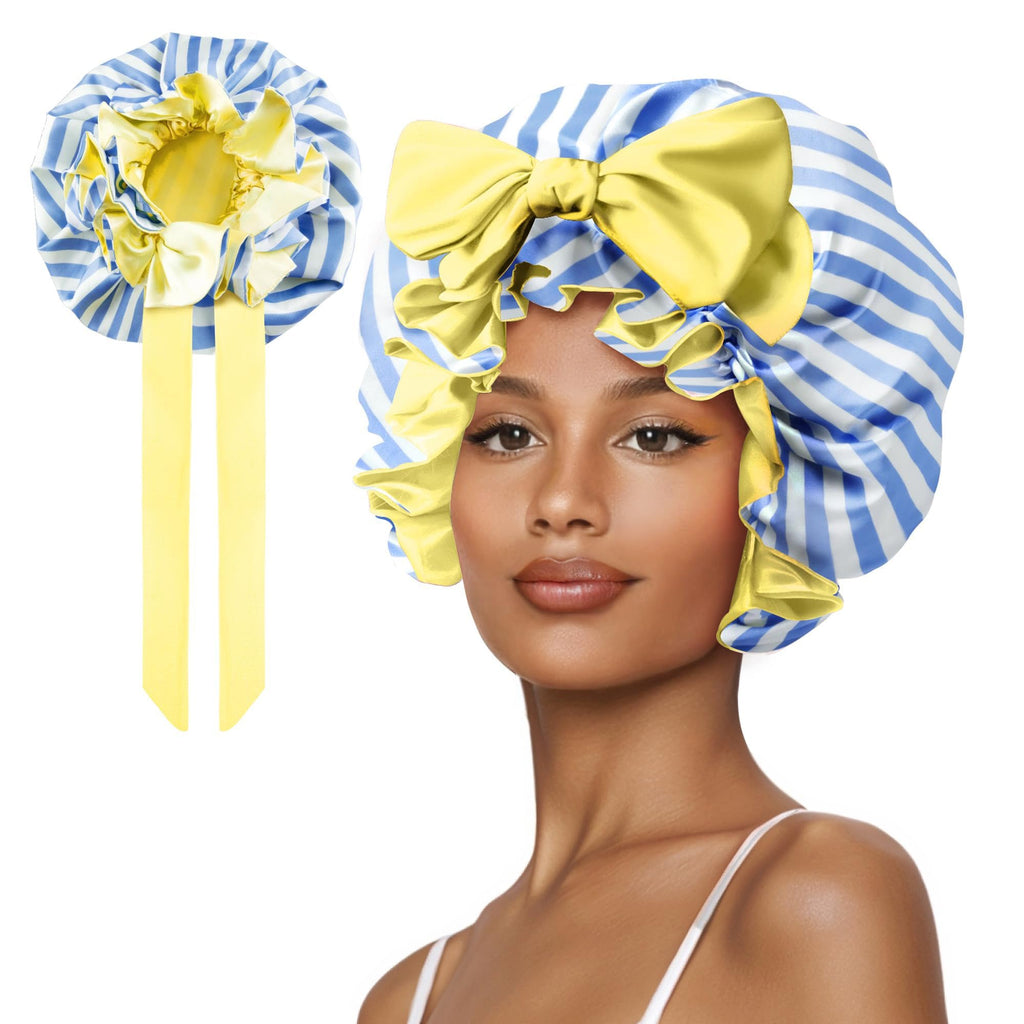 Cute Adjustable Silk Bonnet for Sleeping Double Layer Satin Cap Hair Sleep Bonnet for Curly Hair Cherry Blue