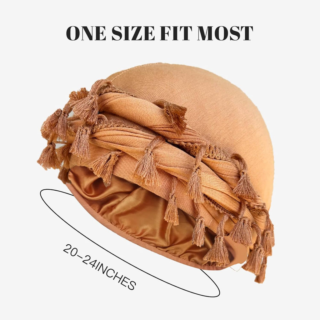 Satin Lined Turban for Men, Vintage Twist Head Wraps Durag, Pre-Tied Tassel Shemagh Halo Turban, Satin Turban Scarf Tie