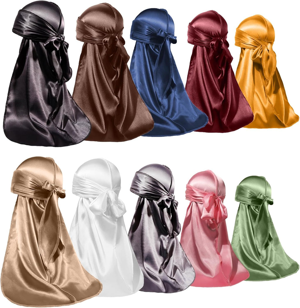 ForceWave 10 Pieces Silky Durags Long Tail for Women Men Satin Durag 360 Wave，Dorag, 10 Pieces