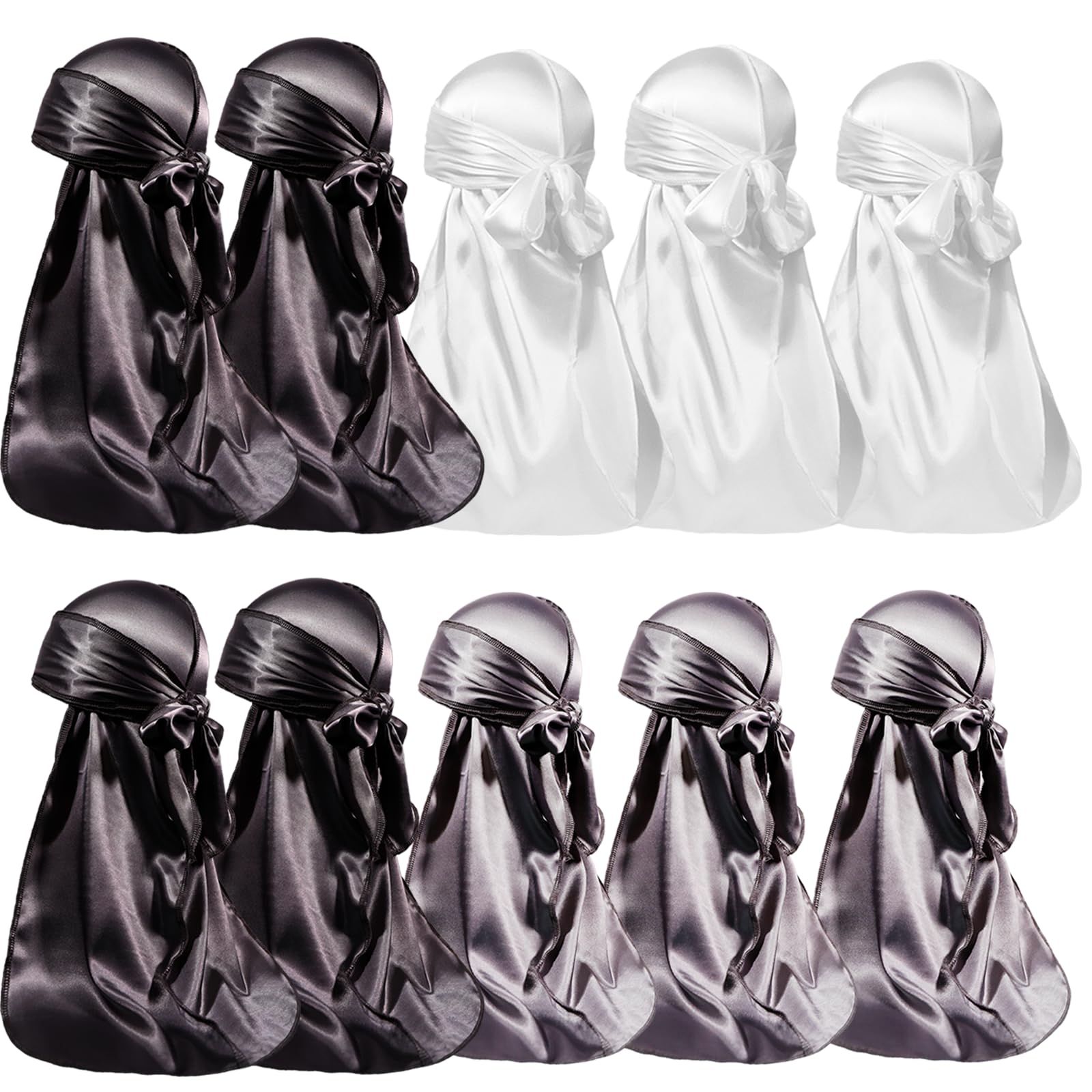 ForceWave 10 Pieces Silky Durags Long Tail for Women Men Satin Durag 360 Wave，Dorag, 10 Pieces