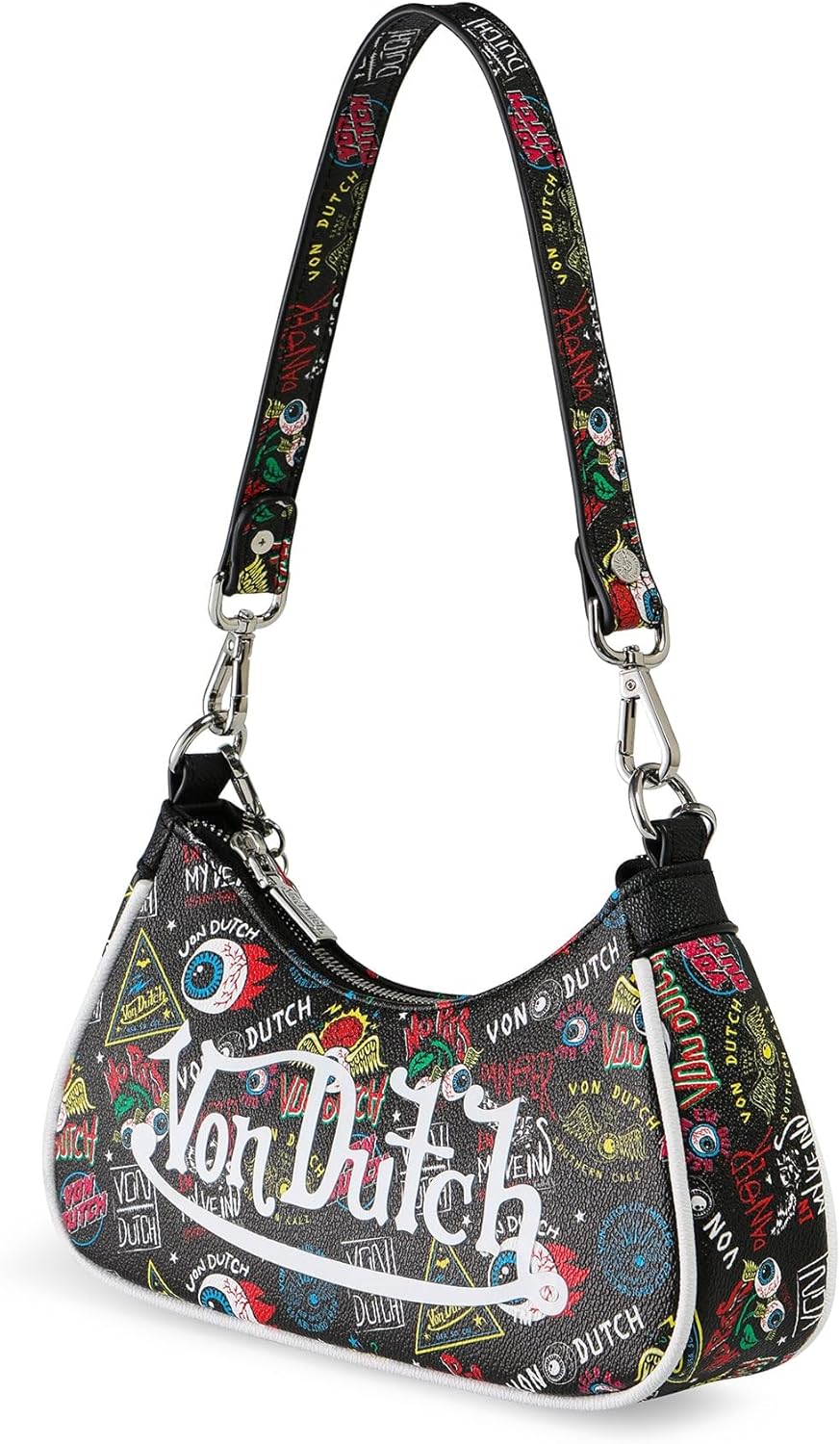 Von Dutch Purse Shoulder Bag, Women's Shoulder Handbags Logo Print and Gold or Silver Chain with Wrench Charm